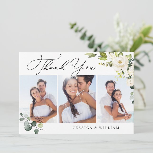 3 PHOTO Elegant Eucalyptus White Roses Floral Thank You Card (Standing Front)