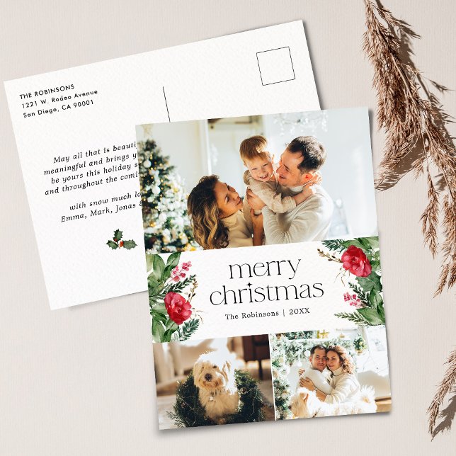 3 Photo Elegant Merry Christmas Botanical Holiday Postcard (Creator Uploaded)