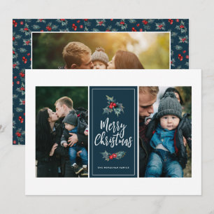 3 Photo Elegant Painted Holly   Christmas Blue Holiday Card