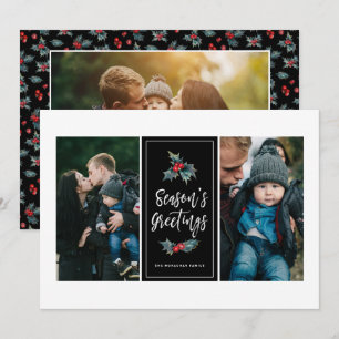 3 Photo Elegant Painted Holly   Greetings Black Holiday Card