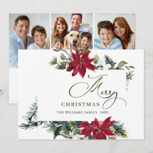 3 PHOTO Elegant Poinsettia Christmas Greeting Holiday Card