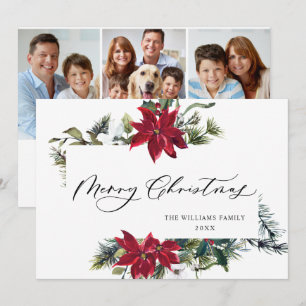 3 PHOTO Elegant Poinsettia Christmas Greeting Holiday Card