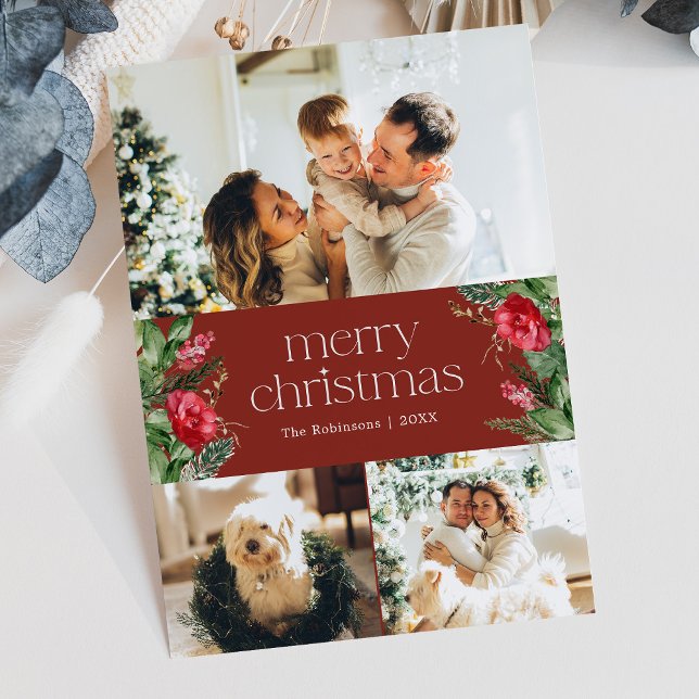 3 Photo Elegant Winter Red Merry Christmas Card (Creator Uploaded)