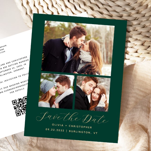 3-Photo Emerald Green Gold QR Code Save the Date Postcard (Creator Uploaded)