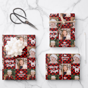3 Photo Family Buffalo Plaid White Reindeer  Wrapping Paper Sheet