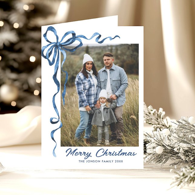 3 Photo Festive Dusty Blue Christmas Bow Ribbon Holiday Card (Creator Uploaded)