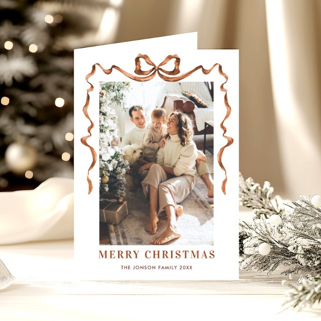3 Photo Festive Merry Christmas Boho Bow Ribbon Holiday Card (Creator Uploaded)