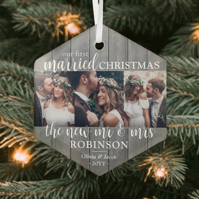 3 Photo First Married Christmas Gray Faux Wood Glass Ornament (Creator Uploaded)