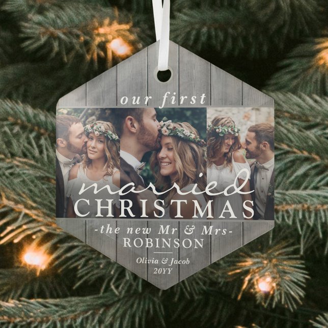 3 Photo First Married Christmas Grey Faux Wood Glass Ornament (Creator Uploaded)