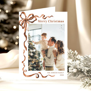 3 Photo Funky Christmas Boho Beige Bow Ribbon Holiday Card