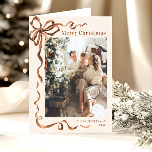 3 Photo Funky Christmas Boho Beige Bow Ribbon Holiday Card