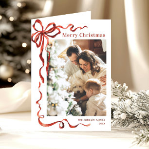 3 Photo Funky Christmas Boho Red Bow Ribbon Holiday Card