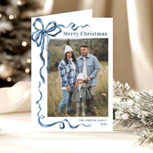 3 Photo Funky Dusty Blue Christmas Bow Ribbon Holiday Card