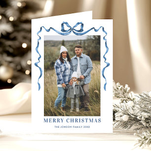3 Photo Funky Dusty Blue Christmas Bow Ribbon Holiday Card