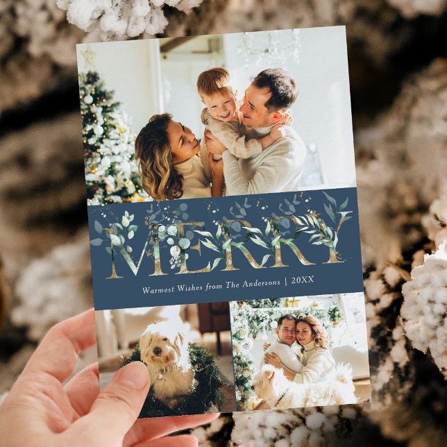 3 Photo Gold Greenery Blue Merry Christmas Holiday Card (Creator Uploaded)