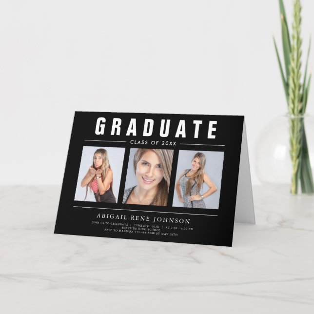 3 Photo Graduation Collage Graduate Black & White  Announcement (Front)