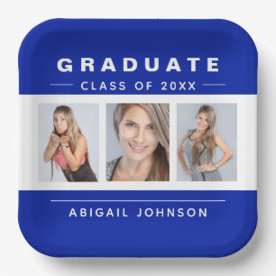 3 Photo Graduation Collage Graduate Blue and White Paper Plate