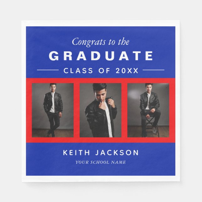 3 Photo Graduation Collage Graduate Blue Red Napkin (Front)