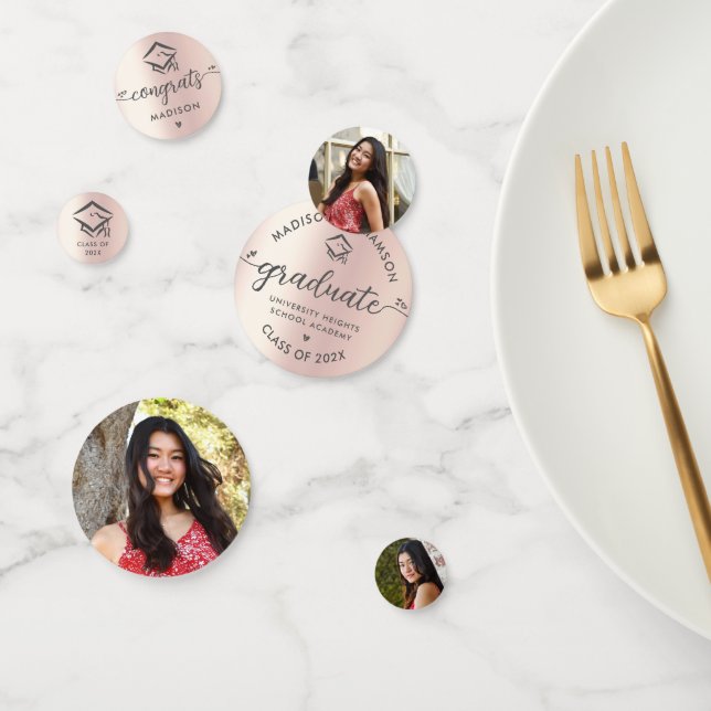 3 Photo Graduation Rose Gold Modern Script Cap Confetti (Group)