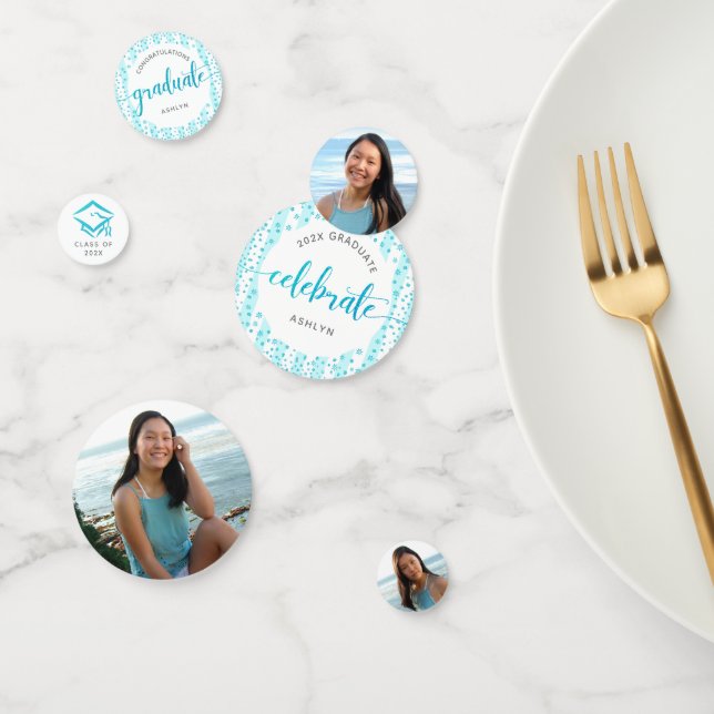 3 Photo Graduation Turquoise Blue Glitter Script Confetti (Group)