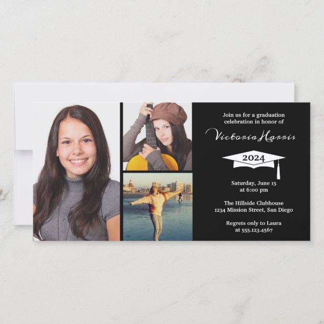 3 Photo Grid Collage Class of Grad Announcement (Front)