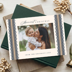 3 Photo Hand Drawn Scallop Lace Ribbon Christmas Holiday Card