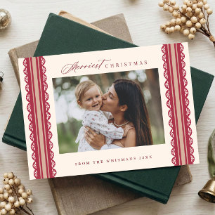 3 Photo Hand Drawn Scallop Lace Ribbon Christmas Holiday Card