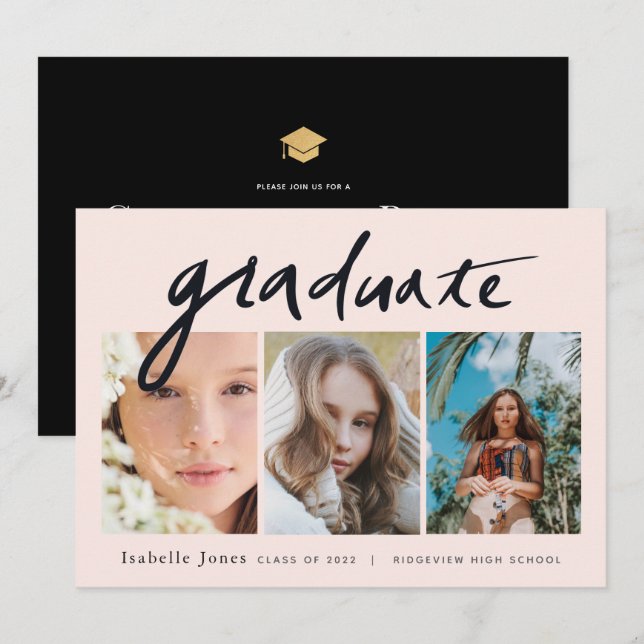 3 Photo Handwritten Script Pink Graduation Invitation (Front/Back)