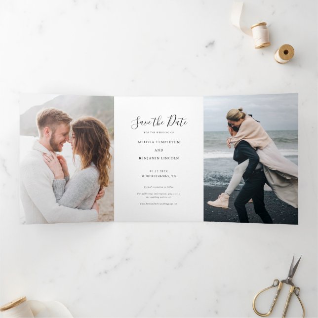 3 Photo Handwritten Wedding Save the Date Tri-Fold Announcement (Inside)
