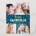 3 Photo Happy Hanukkah Modern Teal Blue Real Gold  Foil Holiday Postcard<br><div class="desc">“Happy Hanukkah.” Fun, playful, whimsical handcrafted real gold foil and light blue typography, a random gold foil Star of David pattern, and midnight navy blue hand drawn lines overlay a dark teal blue background. Add 3 photos of your choice to help usher in Hanukkah with this stunning, colourful, personalized real...</div>