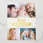 3 Photo Happy Hanukkah Modern Whimsical Real Gold  Foil Holiday Postcard<br><div class="desc">“Happy Hanukkah.” Fun, playful, whimsical handcrafted real gold foil typography and a random Star of David pattern overlay a clean, white background. Add 3 photos of your choice to help usher in Hanukkah with this stunning, colourful, personalized real gold foil greeting postcard. Your custom note, typed or handwritten, is on...</div>