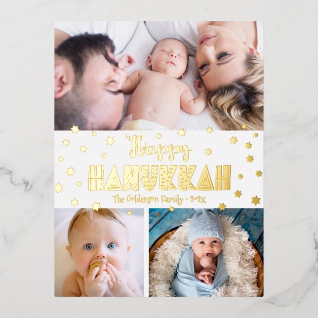 3 Photo Happy Hanukkah Modern Whimsical Real Gold  Foil Holiday Postcard (Front)