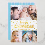 3 Photo Happy Hanukkah Whimsical Modern Real Gold Foil Holiday Card<br><div class="desc">“Happy Hanukkah.” Fun, playful, whimsical handcrafted real gold foil typography and a random Star of David pattern overlay a clean, white background. Add 3 photos of your choice to help usher in Hanukkah with this stunning, colourful, personalized real gold foil greeting card. Hand drawn white lines overlay a light turquoise...</div>