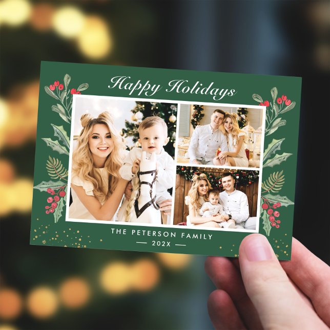 3 Photo Happy Holidays Holly Berries Christmas Holiday Card (Creator Uploaded)