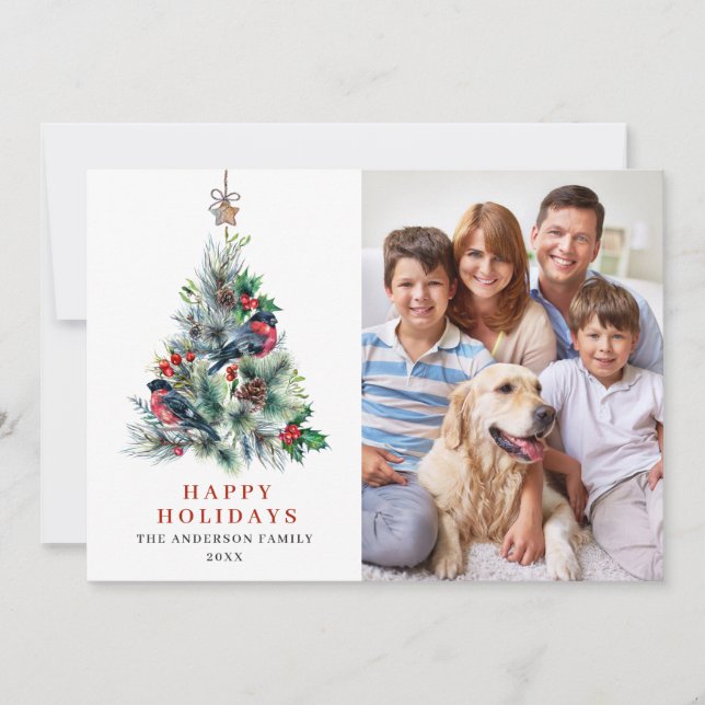 3 PHOTO Holly Berry Christmas Tree Greeting Holiday Card (Front)