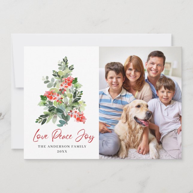 3 PHOTO Holly Berry Christmas Tree Greeting Holiday Card (Front)