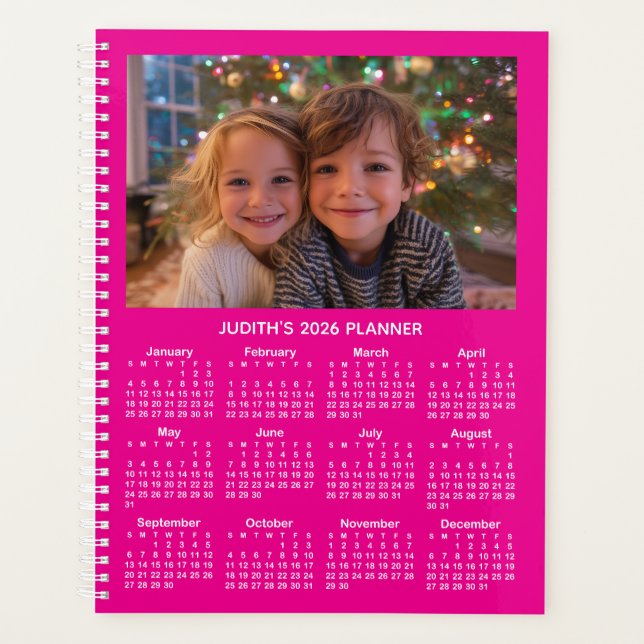 3 Photo Hot Pink and White 2026 Calendar Planner (Front)
