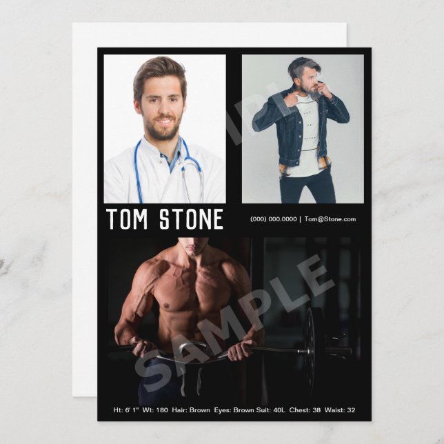 3 Photo Male Model Actor Zed Card Black Template (Front/Back)