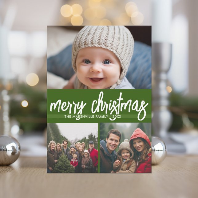 3 Photo Merry Christmas - green red retro stripes Holiday Card (3 Photo Collage with Retro Stripes - Online Christmas Card - Print and Download Options)