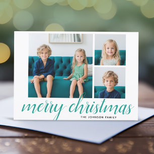 3 Photo Merry Christmas Script Teal Damask Holiday Card