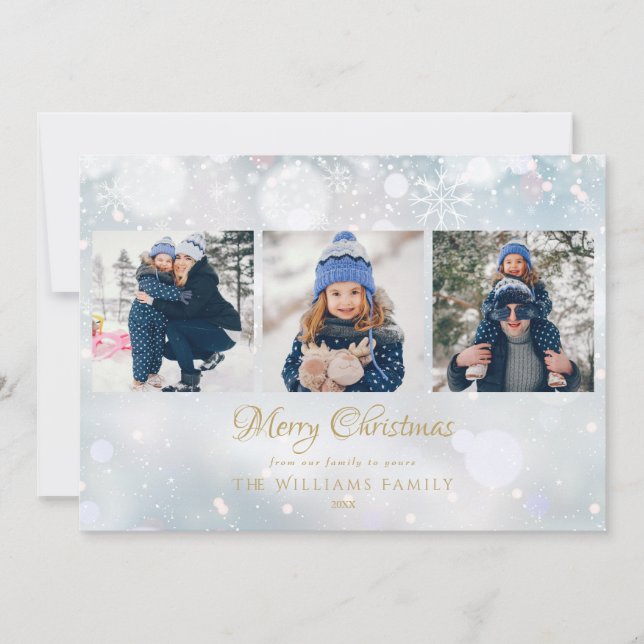 3 Photo Merry Christmas Script Winter Frost Holiday Card (Front)
