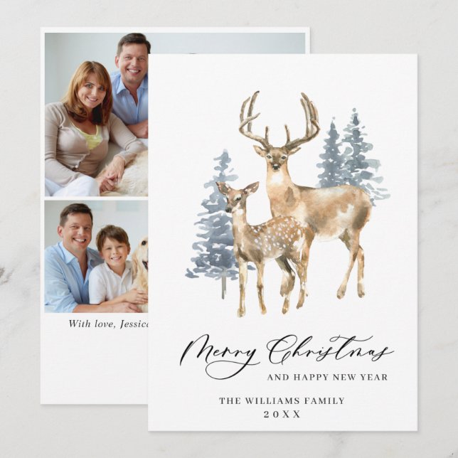 3 PHOTO Minimalist Elegant Deer Christmas Tree Holiday Card (Front/Back)