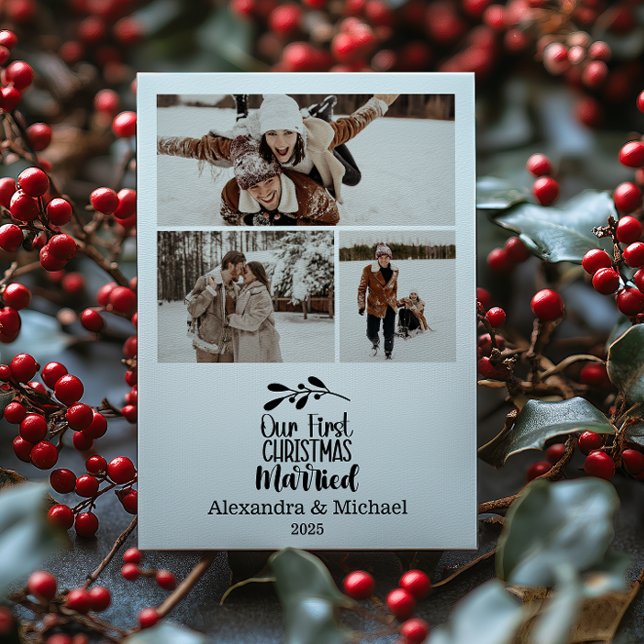 3 Photo Minimialist Our First Christmas Married Holiday Card (Creator Uploaded)