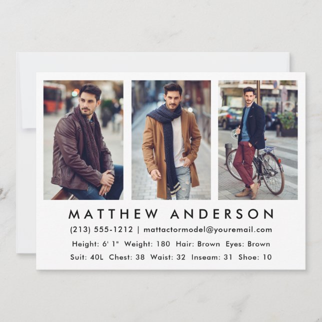 3 Photo Model Actor Comp Card White (Front)