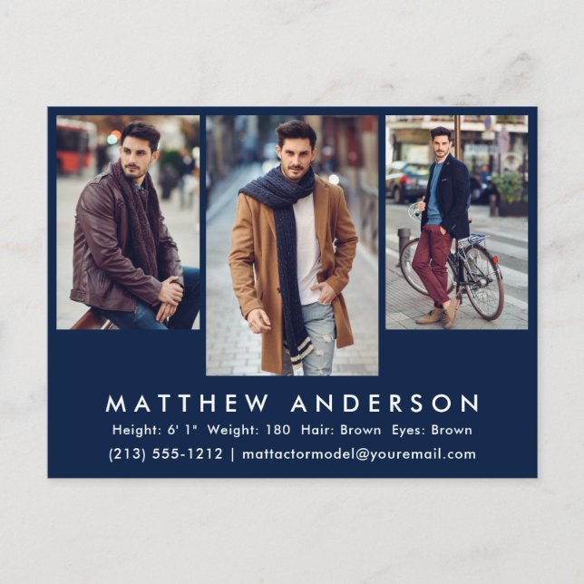 3 Photo Model Actor Photo Comp Card Postcard Blue (Front)