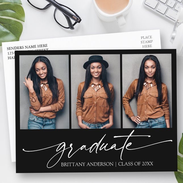 3 Photo Modern Calligraphy Ink Script Graduation Postcard (Customize to add text to back of card.)