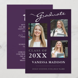 3 photo Modern Elegant Purple Graduation Announcement
