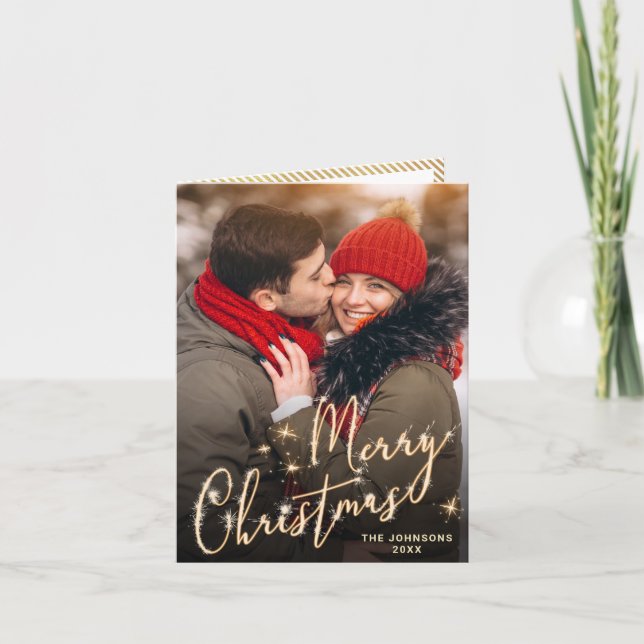 3 PHOTO Modern Golden Christmas Greeting Holiday Card (Front)