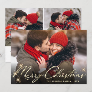 3 PHOTO Modern Golden Christmas Greeting Holiday Card