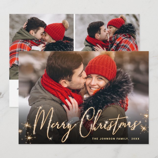 3 PHOTO Modern Golden Christmas Greeting Holiday Card (Front/Back)